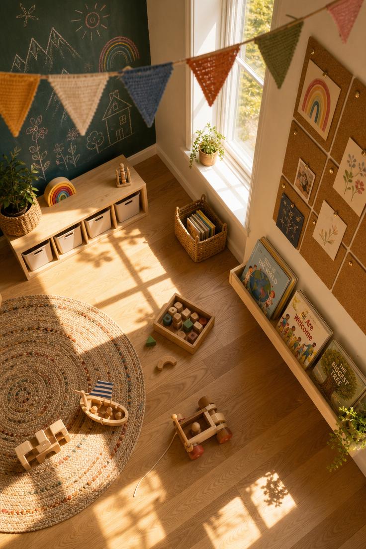 Overhead view of a sunlit playroom showing fragments of chalkboard wall, cork tile grid, birch book shelves, and woven pennant banners with warm morning light on oak floors.
