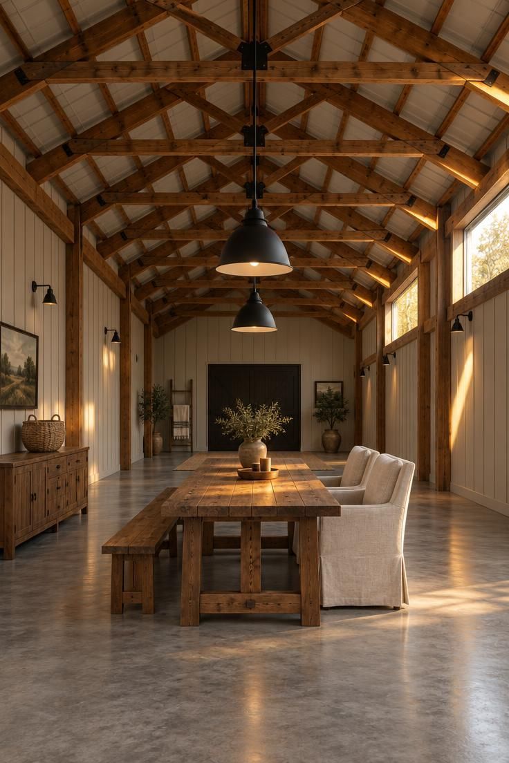 11 Warm Pole Barn Man Cave Ideas That Feel Like Home 1 Wide view of a pole barn interior with a scissor truss ceiling, black barn pendants, a long stained-wood farm table with bench and armchairs, and warm golden light raking across a sealed concrete floor.