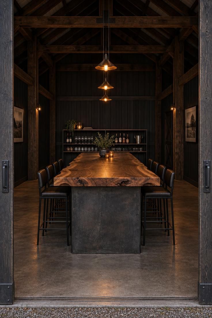 11 Warm Pole Barn Man Cave Ideas That Feel Like Home 2 Freestanding bar with a dark steel base and live-edge walnut counter in the center of a dark pole barn, low back shelving holding glassware behind it, black stools on both sides, and warm amber pendant light on the counter.