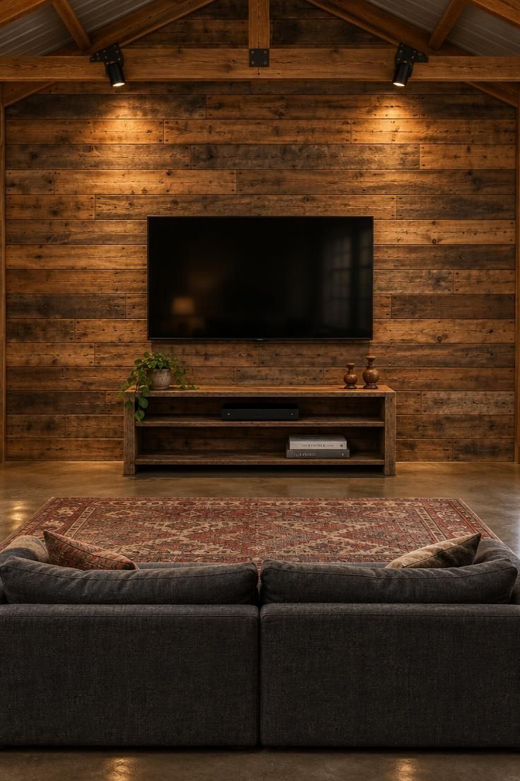 11 Warm Pole Barn Man Cave Ideas That Feel Like Home 4 End wall of a pole barn clad in horizontal reclaimed wood boards with a wall-mounted TV centered, a low wood console beneath, a charcoal sofa on a faded red and tan rug, and warm spotlights grazing the wood texture.