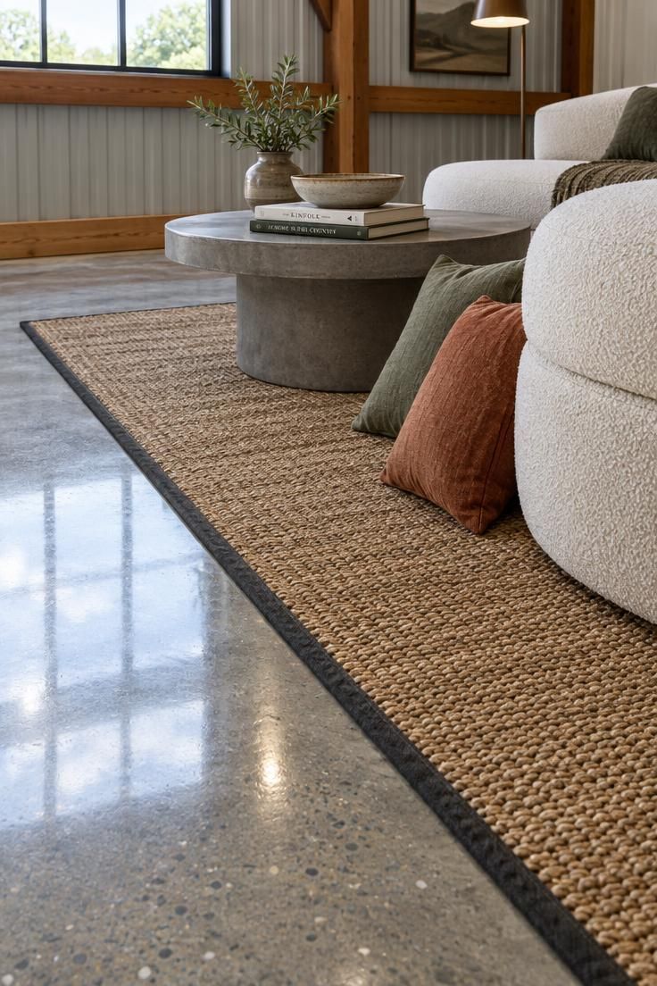 11 Warm Pole Barn Man Cave Ideas That Feel Like Home 5 Close-up of a polished concrete lounge pad meeting the edge of a jute rug with a dark border, a rounded pale sofa base, a concrete coffee table, and olive and rust floor cushions in bright midday light.