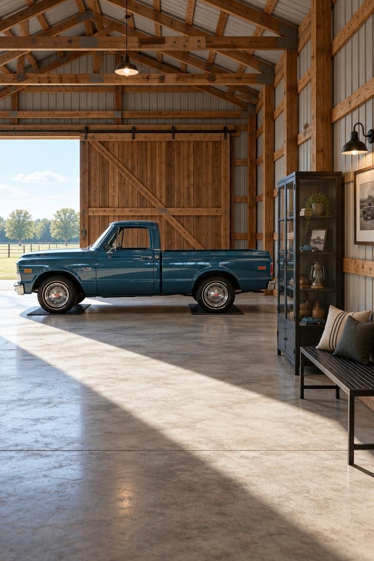 11 Warm Pole Barn Man Cave Ideas That Feel Like Home 6 Vintage pickup parked sideways just inside a large sliding barn door in a pole barn, bright daylight spilling across bare concrete, with a metal bench and steel display cabinet on the opposite wall.