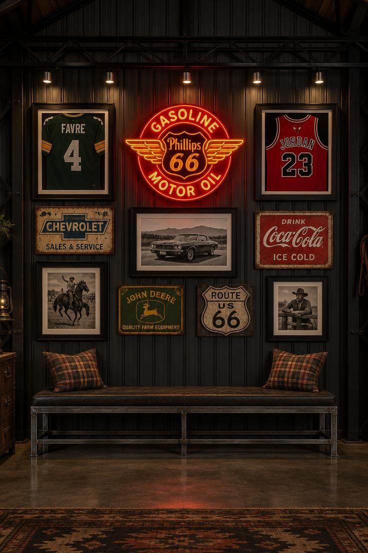 11 Warm Pole Barn Man Cave Ideas That Feel Like Home 7 Display wall in a pole barn hung with framed jerseys and metal signs around a glowing neon sign, a long steel bench with plaid pillows beneath, and warm white track lighting from a truss above.