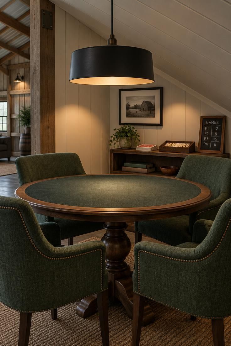 11 Warm Pole Barn Man Cave Ideas That Feel Like Home 8 Corner game area under a sloped pole barn ceiling with a round pedestal table, four green upholstered chairs, a large black pendant casting warm light on the table, and a low shelf holding cards and games.