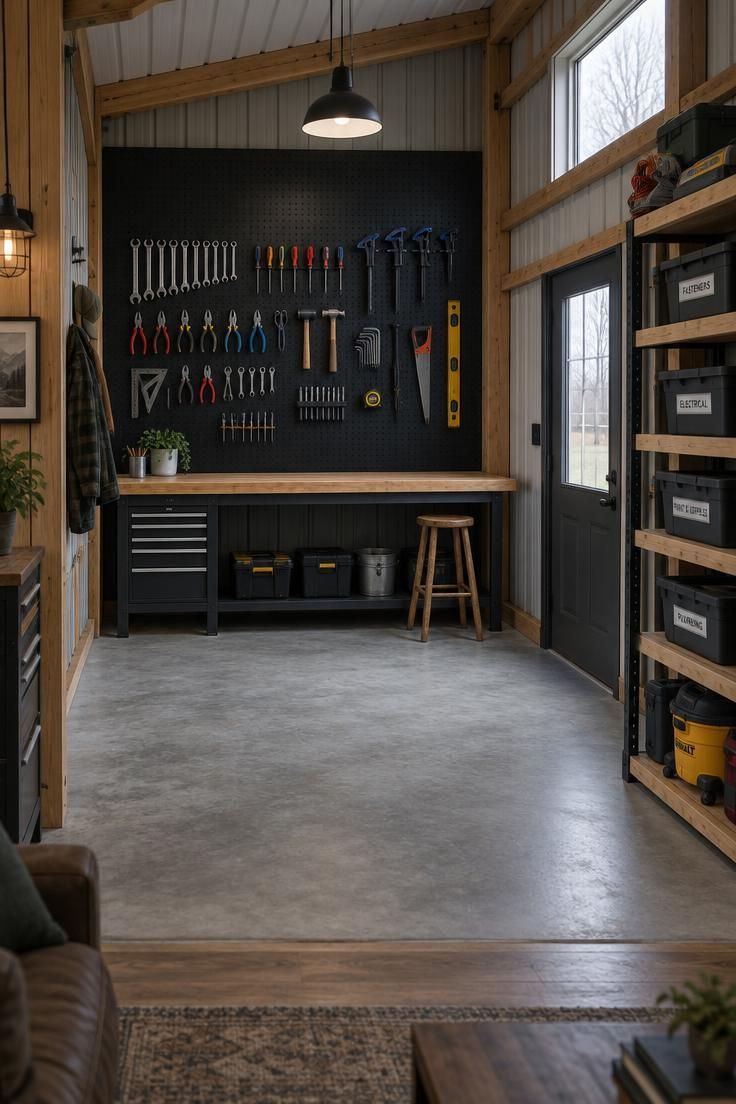 11 Warm Pole Barn Man Cave Ideas That Feel Like Home 9 Workshop end of a pole barn with a matte black pegboard tool wall, a butcher-block workbench on a steel frame, a wooden stool, and bare swept concrete leading back toward the lounge area.