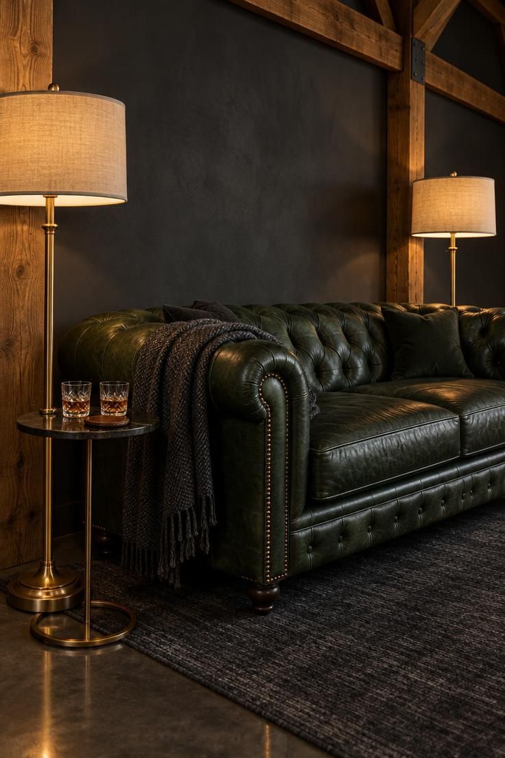 11 Warm Pole Barn Man Cave Ideas That Feel Like Home 10 Dark corner of a pole barn with a deep green leather Chesterfield sofa, two brass floor lamps with fabric shades, a small round side table, a matte charcoal wall behind, and trusses visible above.