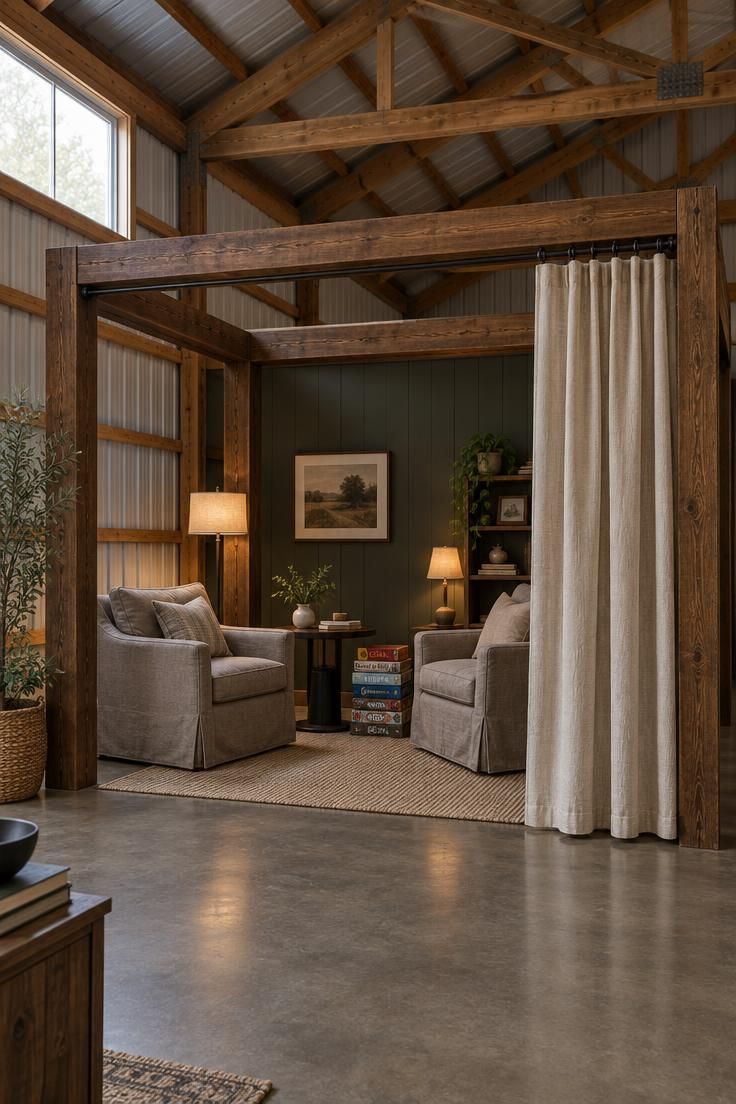 11 Warm Pole Barn Man Cave Ideas That Feel Like Home 11 Post-and-beam frame inside a pole barn with two taupe armchairs, a small round table with board games, a partially drawn oatmeal canvas curtain, and barn trusses visible above the frame.