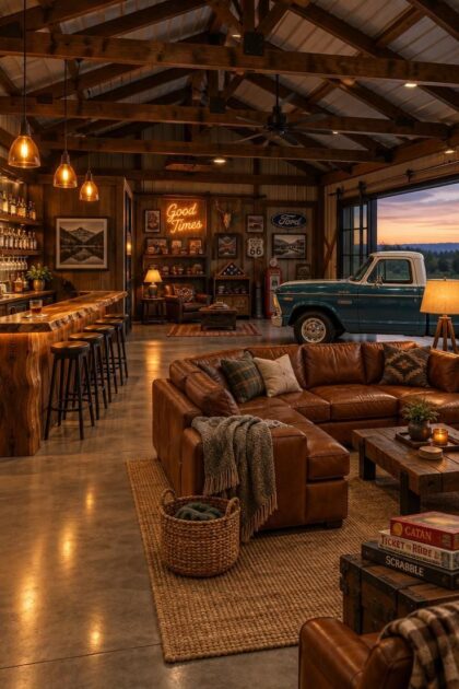 11 Warm Pole Barn Man Cave Ideas That Feel Like Home Warm evening view of a pole barn man cave with a live-edge freestanding bar under amber pendants, a cognac leather sectional on a jute rug, a vintage pickup parked by a large sliding door, exposed stained trusses overhead, and a glowing neon sign in the background.