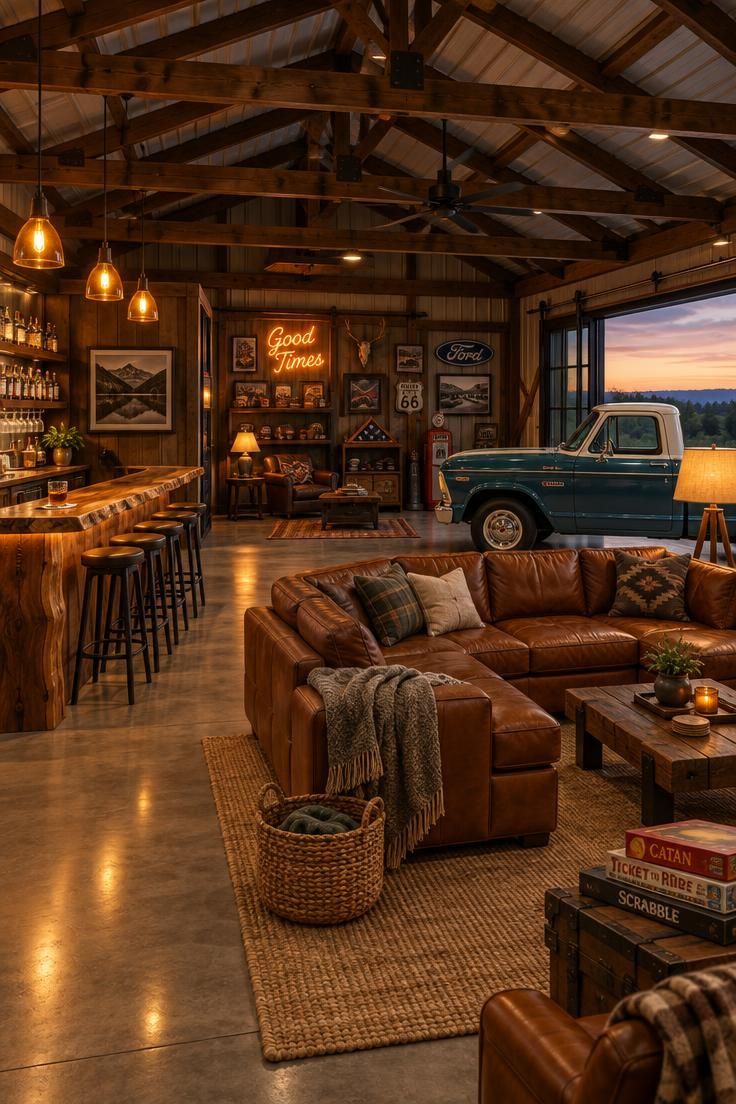 Simple Spaces 26 Warm evening view of a pole barn man cave with a live-edge freestanding bar under amber pendants, a cognac leather sectional on a jute rug, a vintage pickup parked by a large sliding door, exposed stained trusses overhead, and a glowing neon sign in the background.