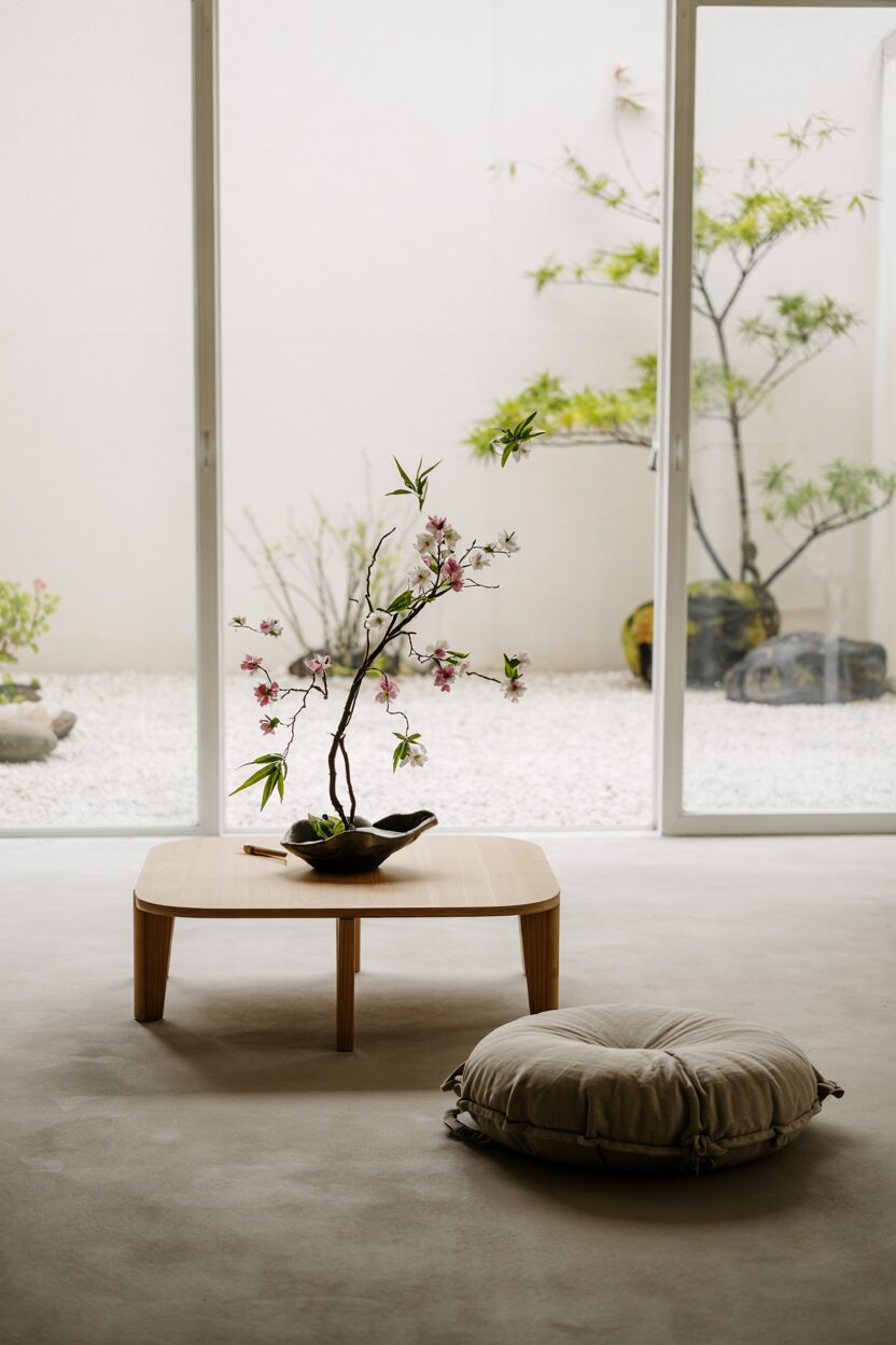 Japanese Minimalism Lifestyle: The Art of Mindful Living 1 A minimalist Japanese-inspired living room with large windows letting in abundant natural light. The room contains only a low wooden coffee table, a simple floor cushion, and a single ikebana flower arrangement. There is intentional empty space throughout, with clean lines and neutral tones. The bare walls and open floor create a sense of peace and room to breathe.