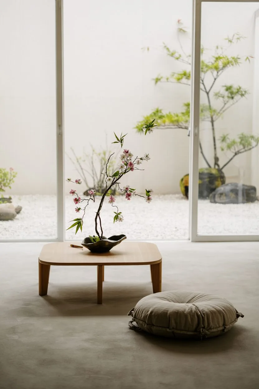 Japanese Minimalism Lifestyle: The Art of Mindful Living 1 A minimalist Japanese-inspired living room with large windows letting in abundant natural light. The room contains only a low wooden coffee table, a simple floor cushion, and a single ikebana flower arrangement. There is intentional empty space throughout, with clean lines and neutral tones. The bare walls and open floor create a sense of peace and room to breathe.