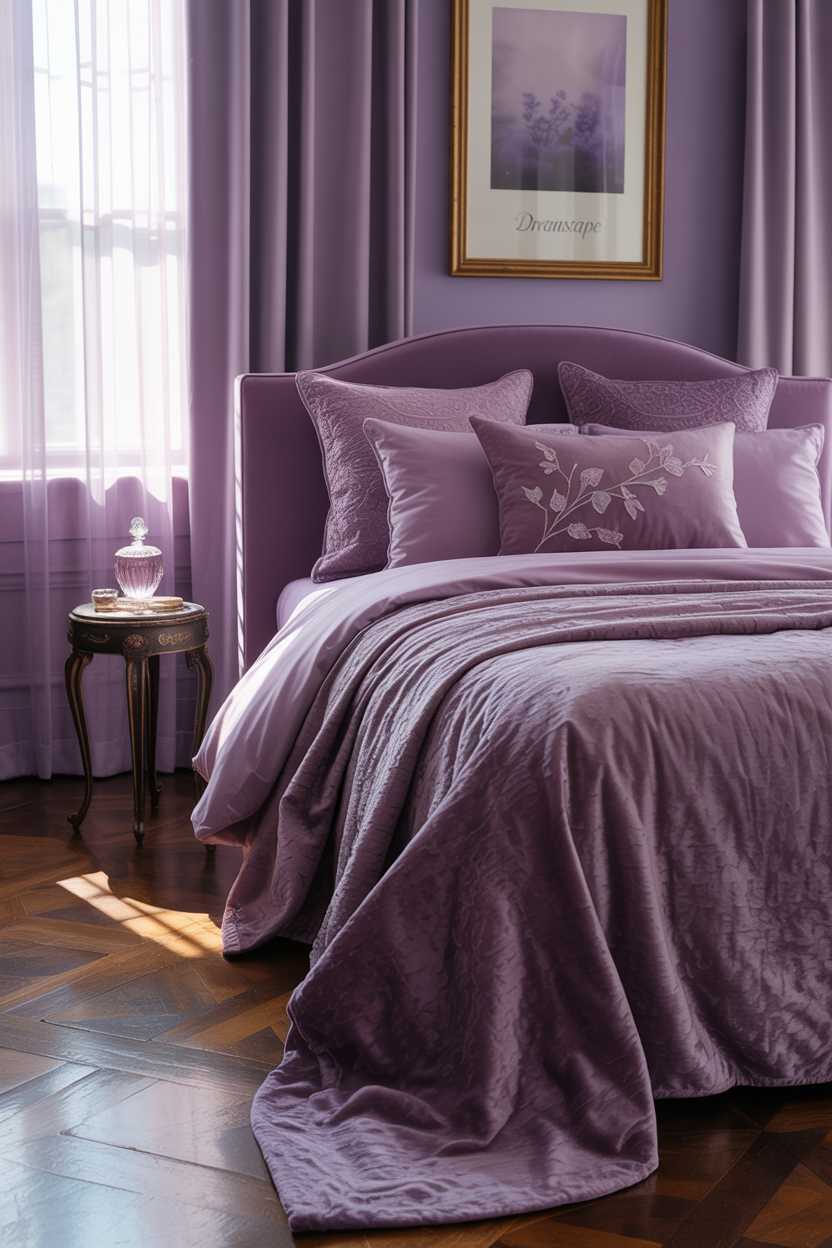 19 Purple Bedroom Ideas for a Stylish Home Decor 1 Luxurious purple bedroom with king-sized bed covered in velvet linens and decorative pillows