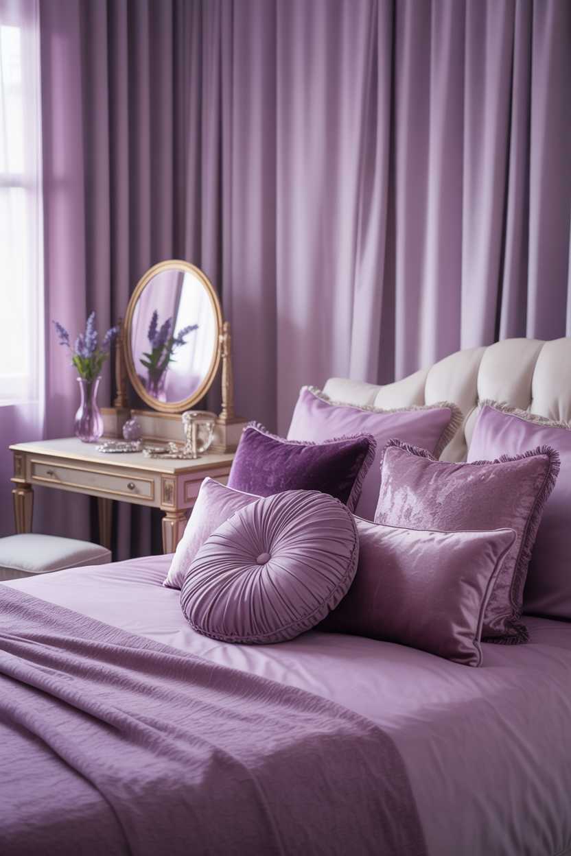 19 Purple Bedroom Ideas for a Stylish Home Decor 2 Purple and cream bedroom with king-sized bed and antique vanity with mirror