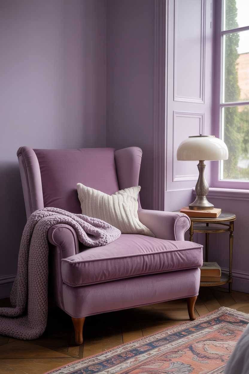 19 Purple Bedroom Ideas for a Stylish Home Decor 3 Purple bedroom featuring plush velvet armchair with throw blanket near a window