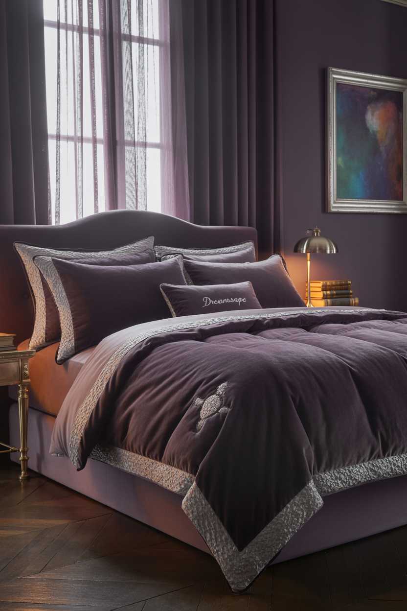 19 Purple Bedroom Ideas for a Stylish Home Decor 4 Dark purple bedroom with velvet bedding, silver accents and diffused lighting through violet curtains