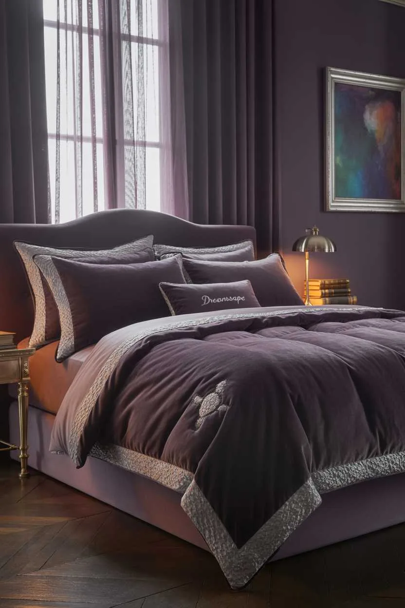 19 Purple Bedroom Ideas for a Stylish Home Decor 4 Dark purple bedroom with velvet bedding, silver accents and diffused lighting through violet curtains