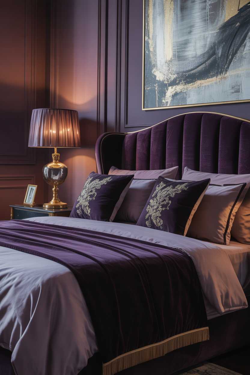 19 Purple Bedroom Ideas for a Stylish Home Decor 5 Luxury bedroom with dark purple decor, plush velvet headboard and gold-embroidered pillows