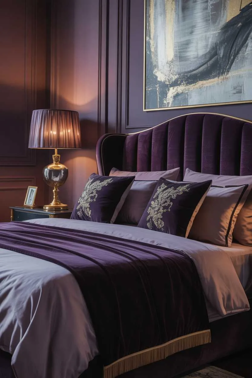 19 Purple Bedroom Ideas for a Stylish Home Decor 5 Luxury bedroom with dark purple decor, plush velvet headboard and gold-embroidered pillows