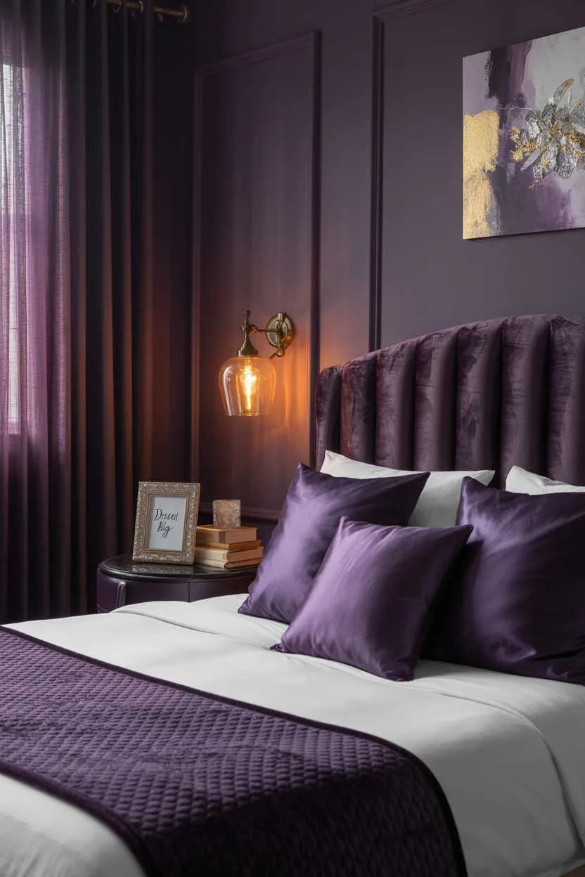 19 Purple Bedroom Ideas for a Stylish Home Decor 6 Dark purple bedroom with velvet headboard, white linens and brass lamp on bedside table