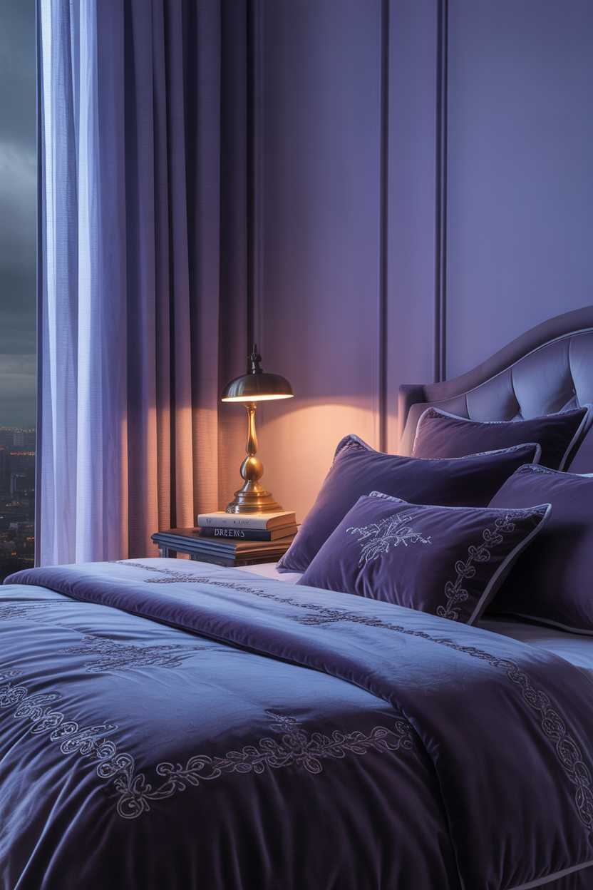 19 Purple Bedroom Ideas for a Stylish Home Decor 7 Moody purple bedroom with velvet bedding, brass lamp and view of rainy cityscape