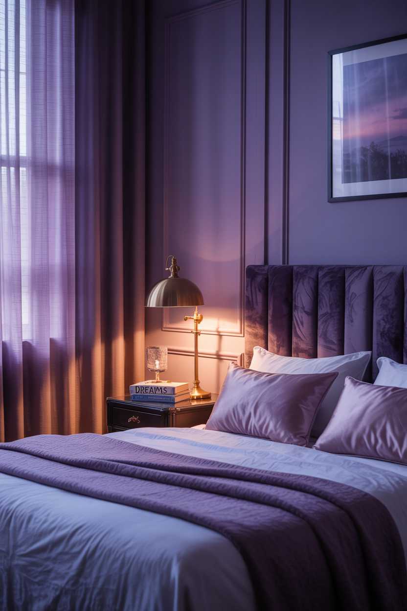 19 Purple Bedroom Ideas for a Stylish Home Decor 8 Serene purple bedroom with velvet headboard, grey blankets and twilight landscape print