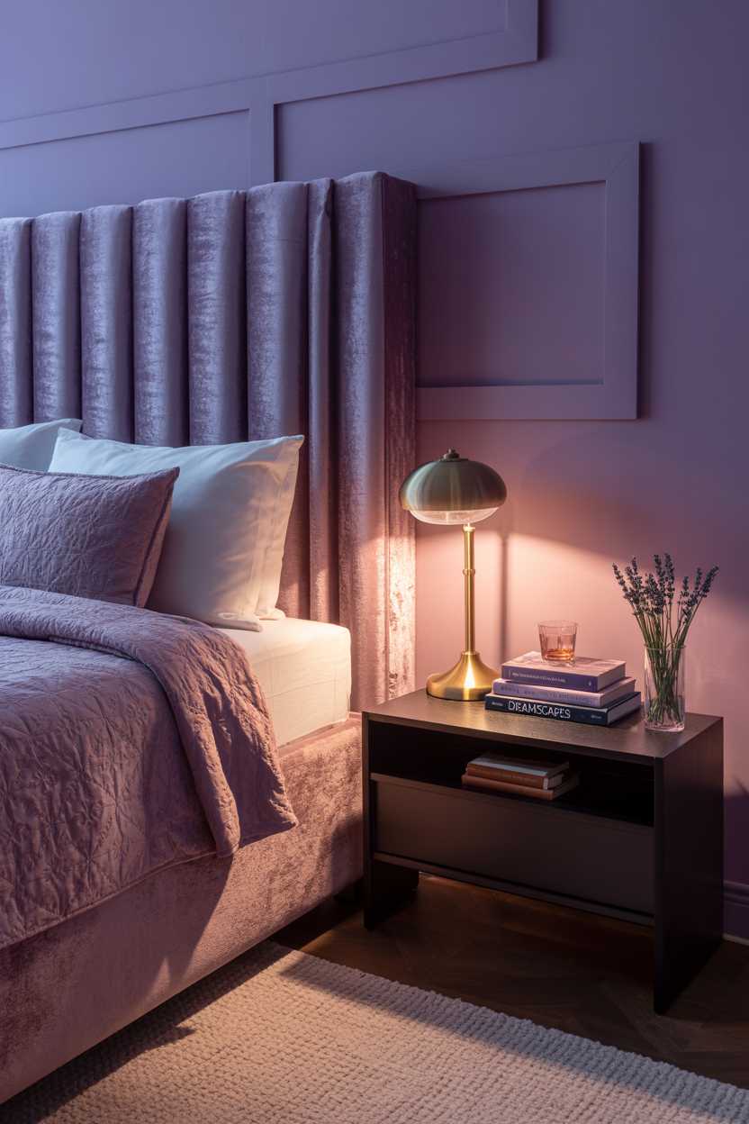 19 Purple Bedroom Ideas for a Stylish Home Decor 9 Cozy purple bedroom with amethyst velvet headboard, lilac curtains and lavender sprigs in vase