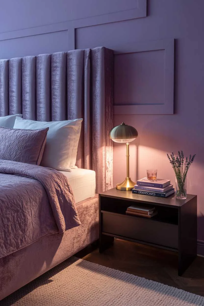 19 Purple Bedroom Ideas for a Stylish Home Decor 9 Cozy purple bedroom with amethyst velvet headboard, lilac curtains and lavender sprigs in vase