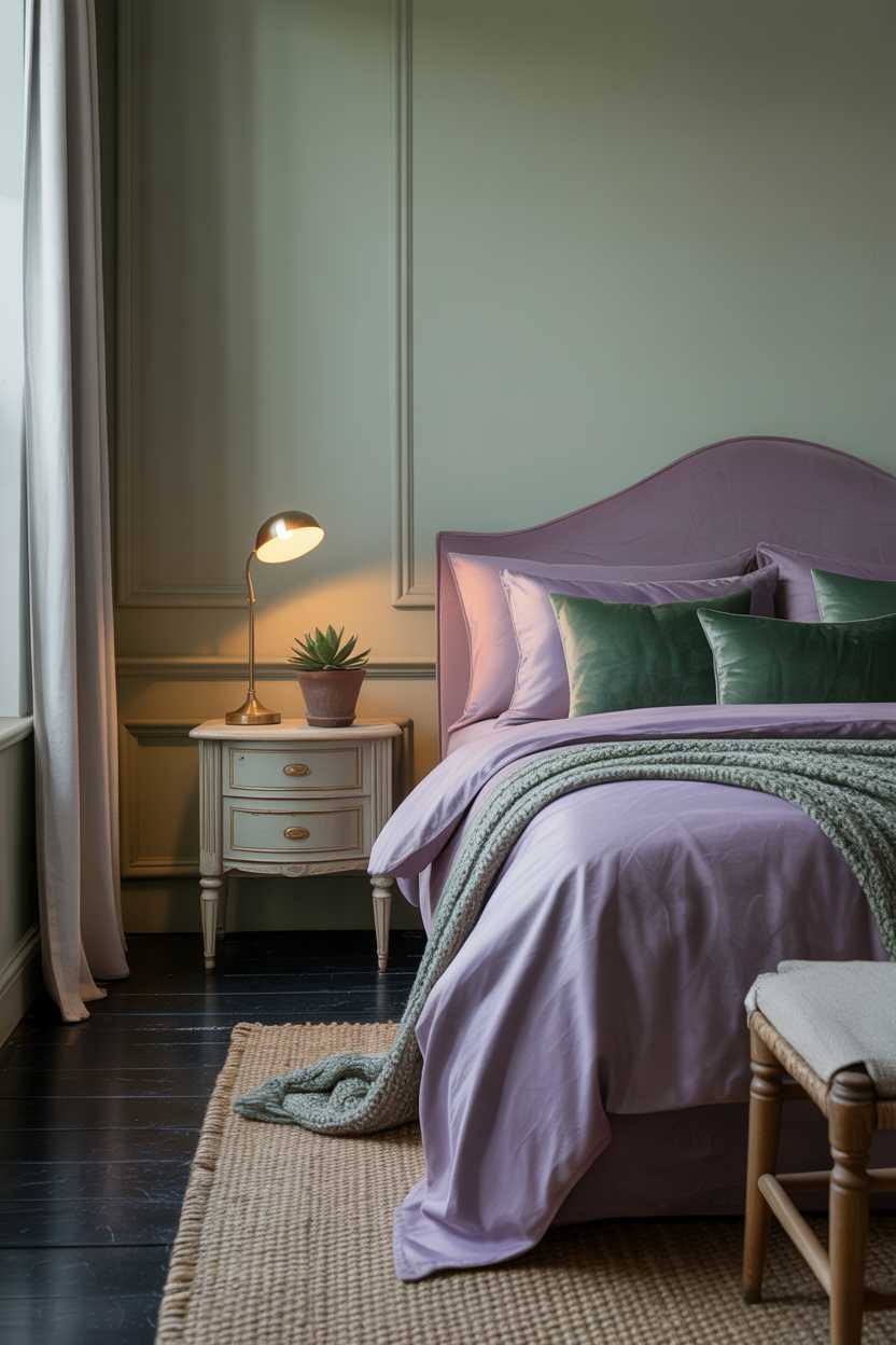 19 Purple Bedroom Ideas for a Stylish Home Decor 10 Luxurious bedroom with purple sheets, green throw pillows and sage green walls