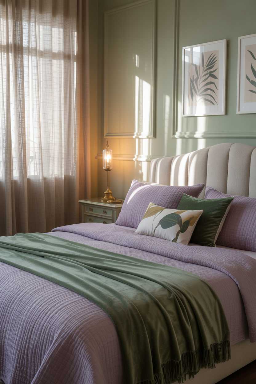 19 Purple Bedroom Ideas for a Stylish Home Decor 11 Stylish bedroom with lavender linens, forest green throw blanket and botanical prints