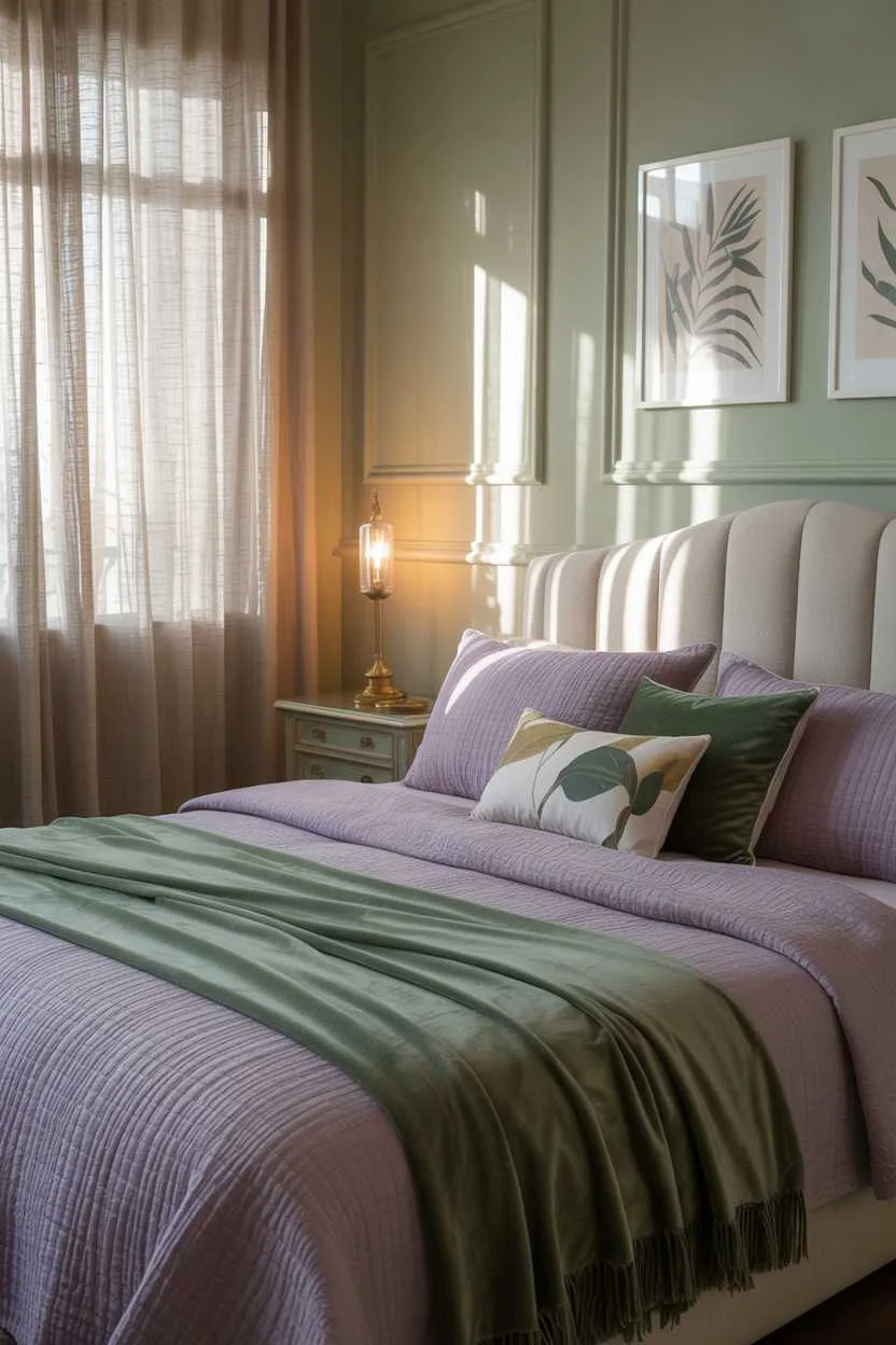 19 Purple Bedroom Ideas for a Stylish Home Decor 11 Stylish bedroom with lavender linens, forest green throw blanket and botanical prints