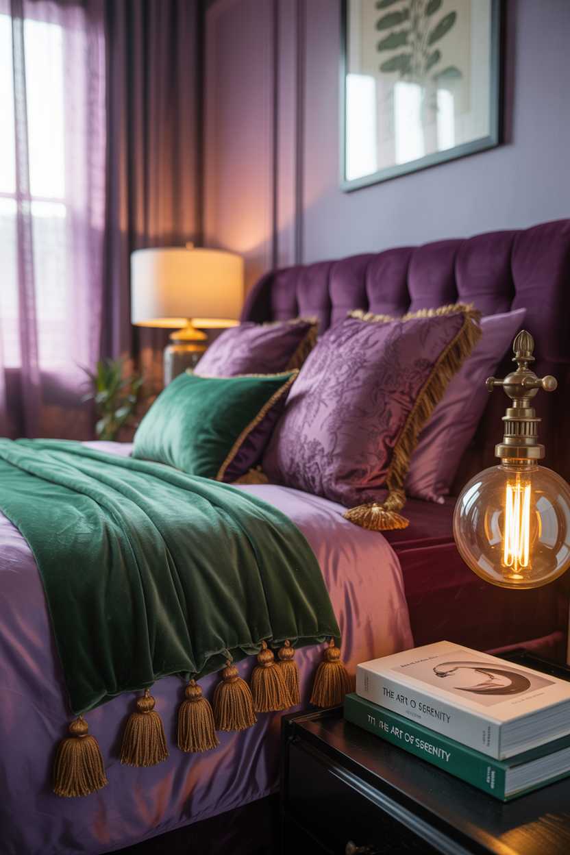 19 Purple Bedroom Ideas for a Stylish Home Decor 12 Purple and green bedroom with emerald velvet throws, purple duvet and gold accents