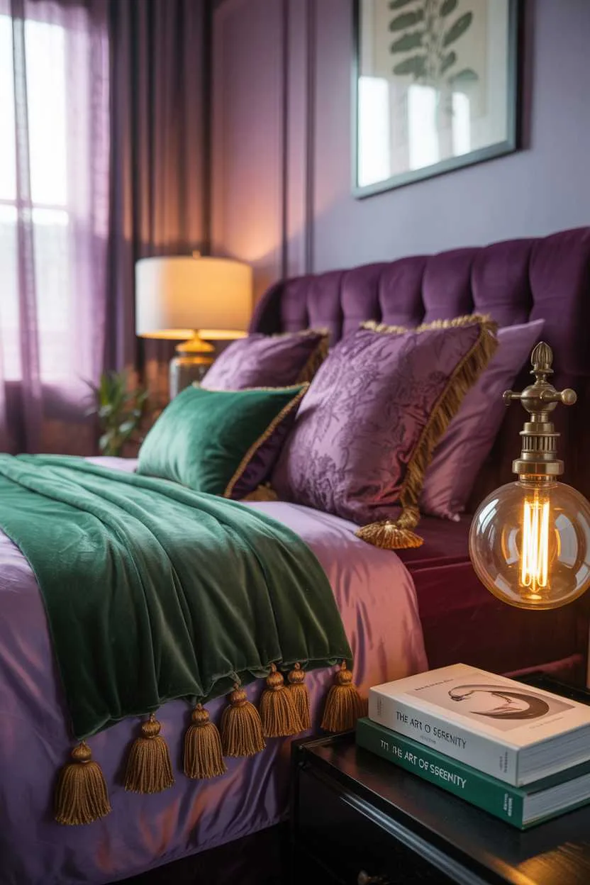 19 Purple Bedroom Ideas for a Stylish Home Decor 12 Purple and green bedroom with emerald velvet throws, purple duvet and gold accents