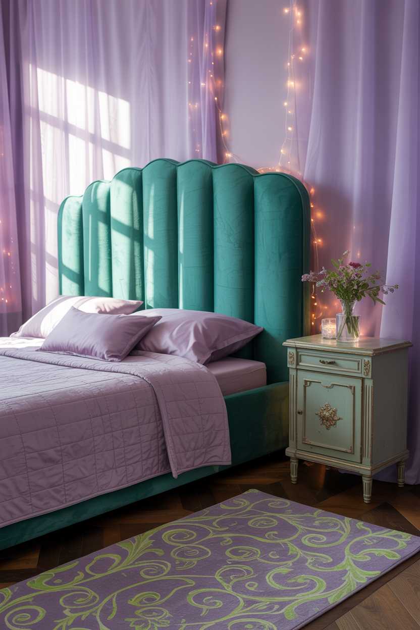 19 Purple Bedroom Ideas for a Stylish Home Decor 13 Bedroom with emerald green headboard against lavender walls with scattered fairy lights