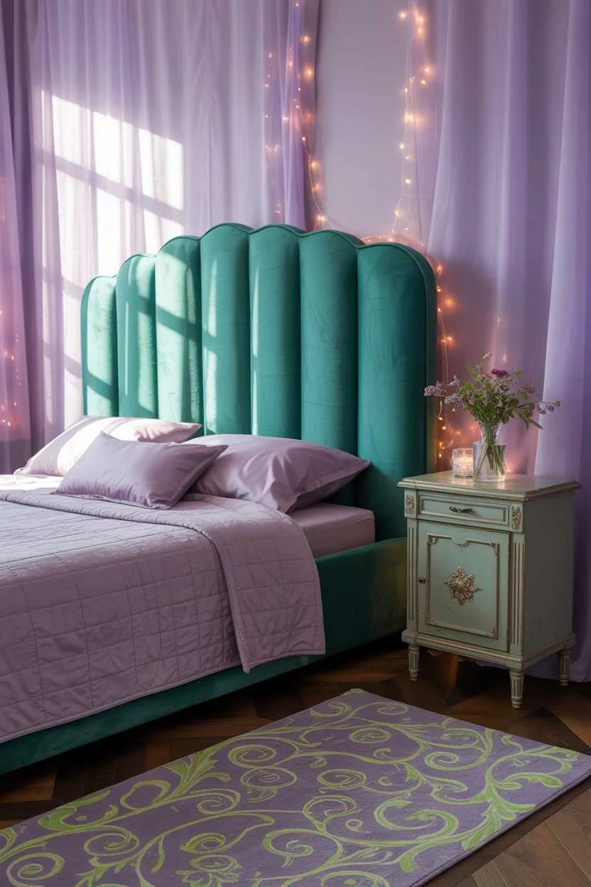 19 Purple Bedroom Ideas for a Stylish Home Decor 13 Bedroom with emerald green headboard against lavender walls with scattered fairy lights