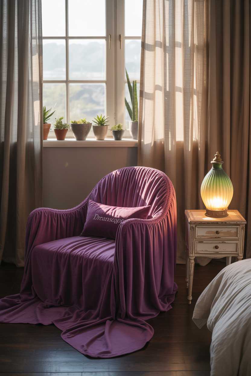 19 Purple Bedroom Ideas for a Stylish Home Decor 14 Purple velvet armchair next to green ceramic lamp with morning light filtering through curtains