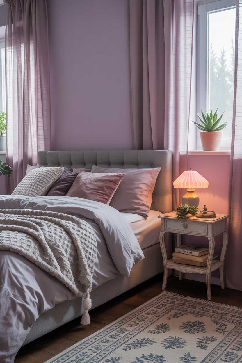 19 Purple Bedroom Ideas for a Stylish Home Decor 15 Cozy bedroom with lavender walls, gray bedding, textured throw and patterned area rug