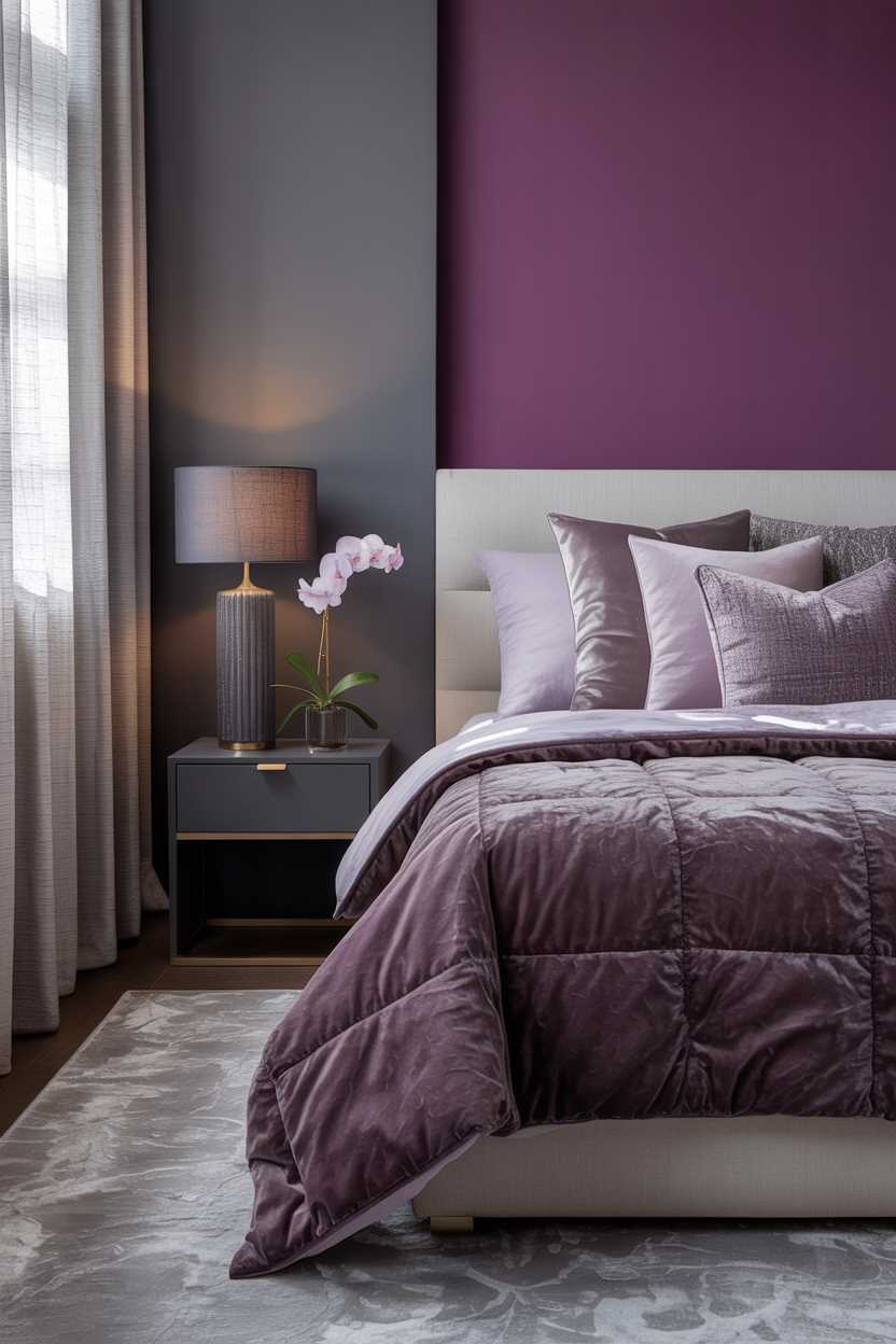 19 Purple Bedroom Ideas for a Stylish Home Decor 16 Bedroom with gray walls, purple accent wall, and amethyst velvet comforter