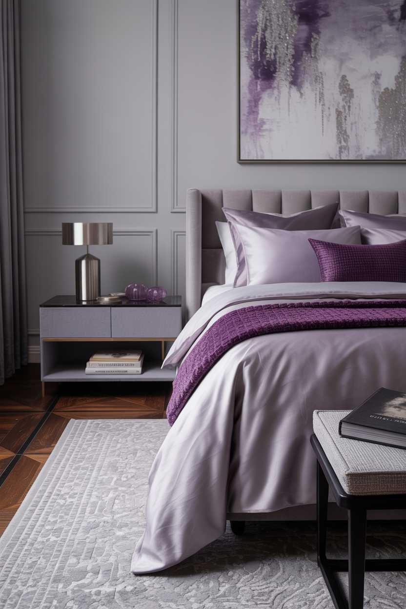19 Purple Bedroom Ideas for a Stylish Home Decor 17 Luxury bedroom with purple and gray color scheme, amethyst throw blanket and abstract painting