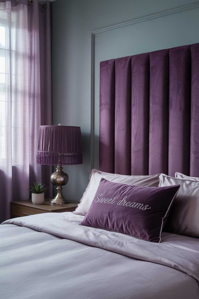 19 Purple Bedroom Ideas for a Stylish Home Decor 18 Modern bedroom with purple velvet headboard, gray duvet and "Sweet Dreams" embroidered pillows
