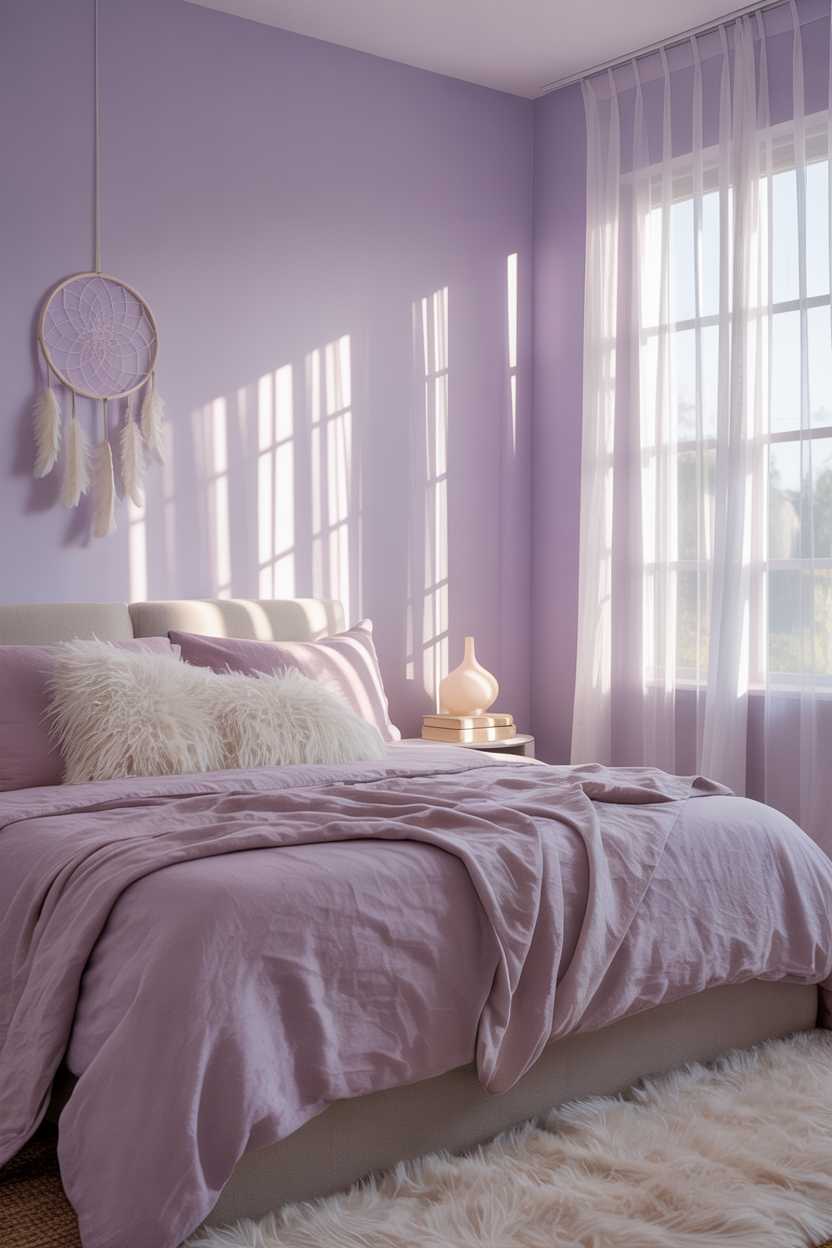19 Purple Bedroom Ideas for a Stylish Home Decor 19 Serene bedroom with light purple walls, white shag rug and lilac linen bedding