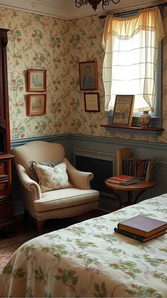 10 Charming Vintage Bedroom Ideas for a Timeless Retreat 10 A cozy vintage bedroom with a reading nook featuring a comfy chair, books, and soft lighting.