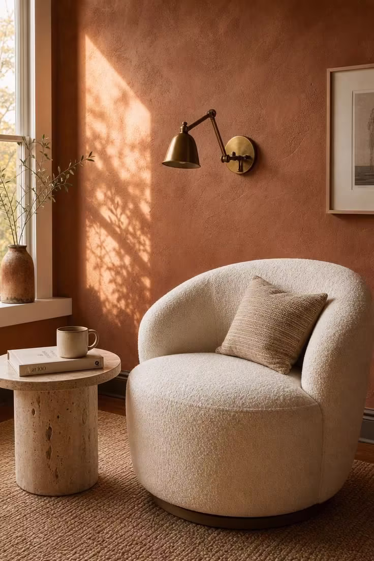 Boucle swivel chair beside a limewash terracotta wall with a travertine side table and brass sconce in warm afternoon light