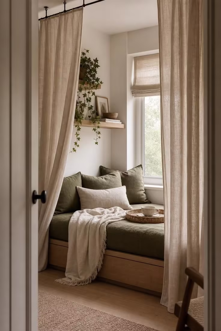 Daybed reading nook with sheer linen curtain canopy and olive cushions in soft diffused morning light