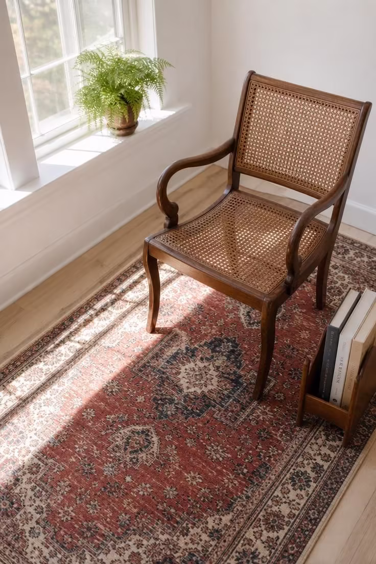 Cane-back accent chair on a faded Persian rug with a wooden bookstand in bright midday sunlight
