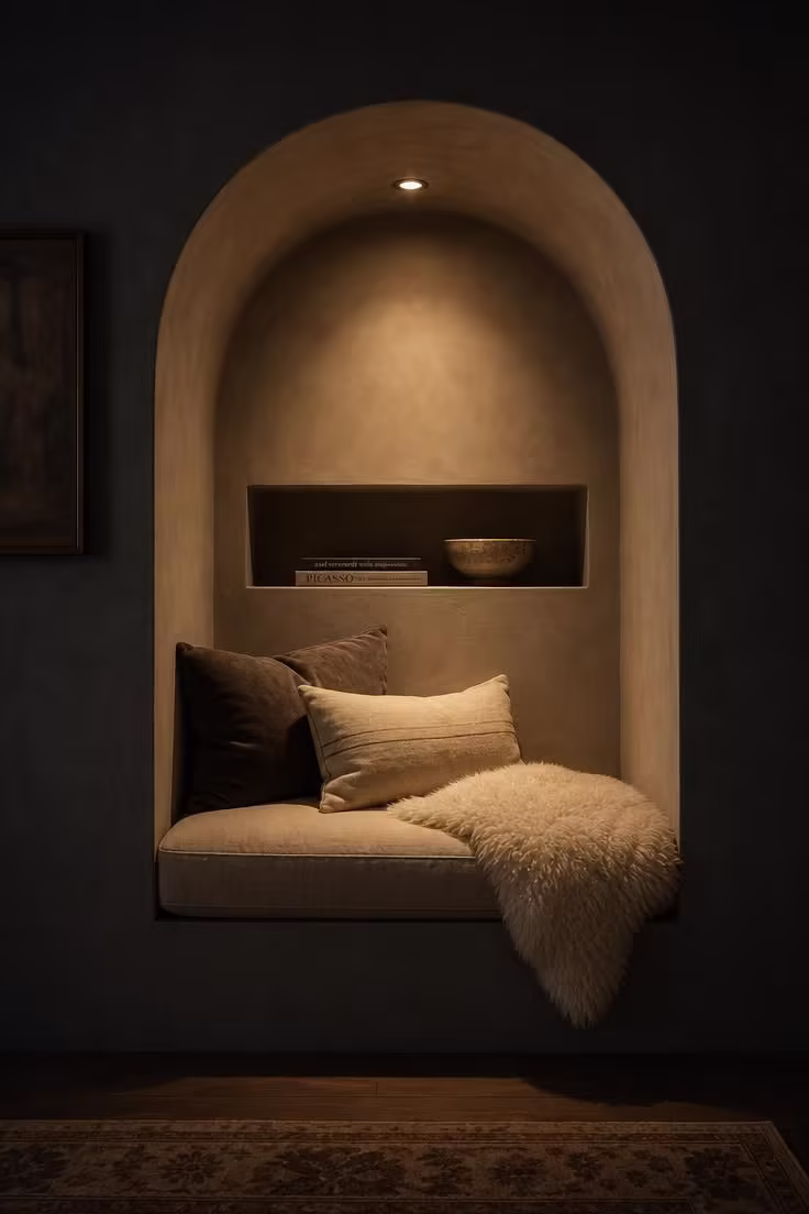 Built-in arched alcove with plaster finish, sheepskin-draped bench, and recessed reading light in low ambient light