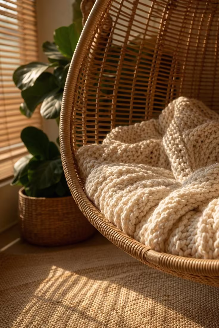 Close-up of hanging rattan chair with chunky ivory knit throw in warm golden late-afternoon light