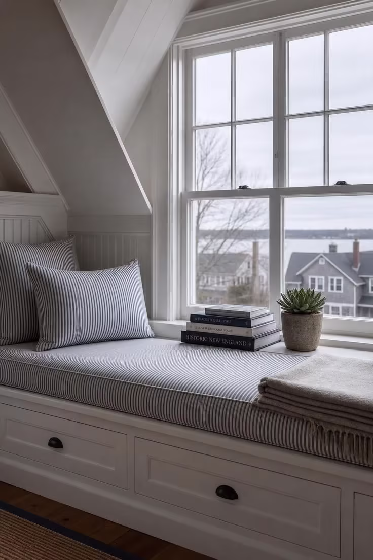 Dormer window bench with blue-and-white ticking stripe cushion and stacked books in cool overcast morning light