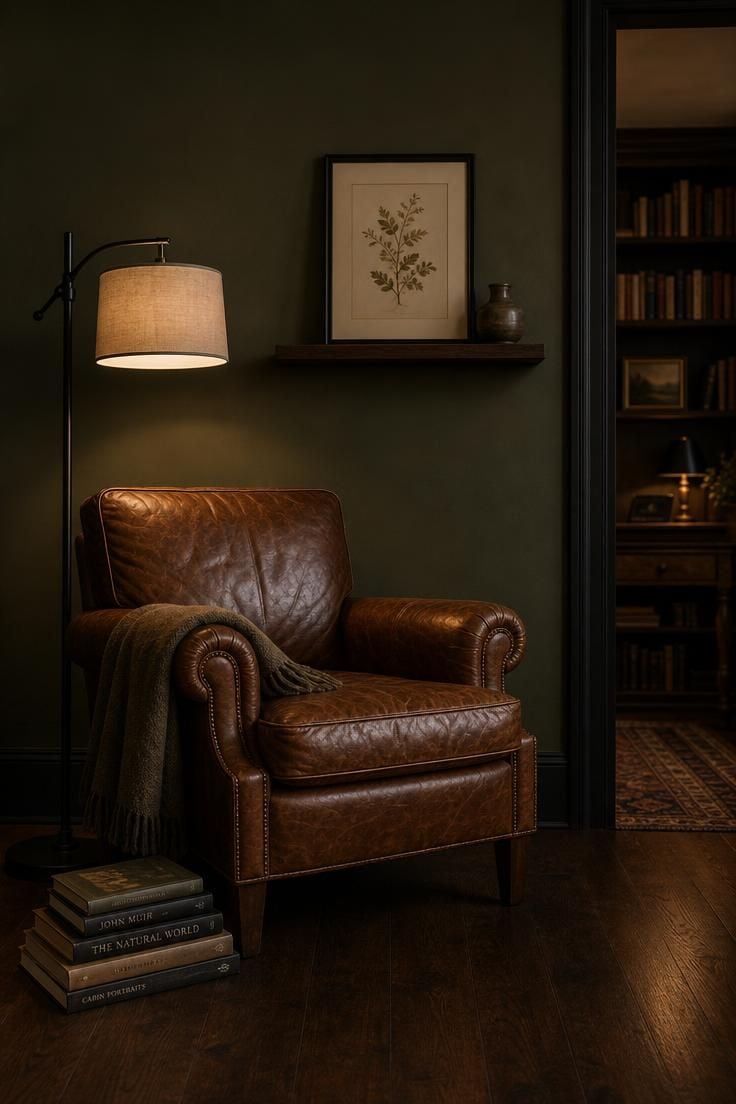 Cognac leather armchair against dark olive walls with a matte black floor lamp and stacked books in moody low light