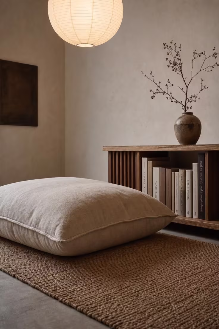 Japanese-inspired floor cushion on a jute rug beside a low slatted wood shelf with dried branch in soft diffused light