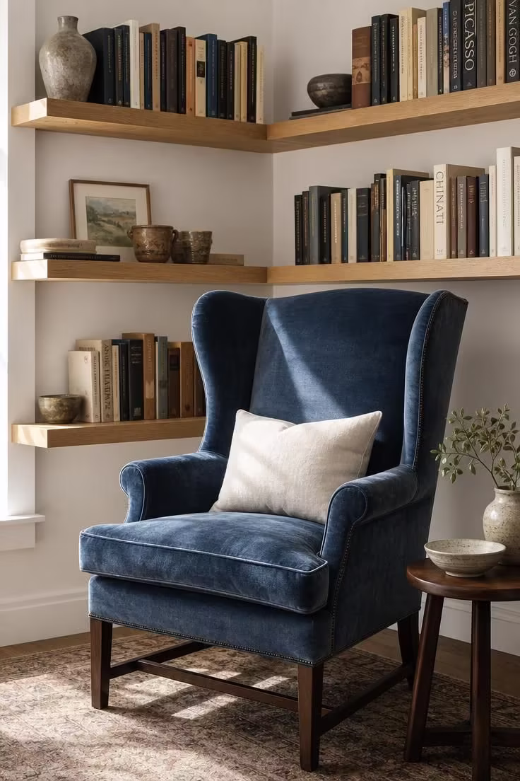 Dusty blue velvet wingback chair flanked by floating oak shelves with books in bright midday light